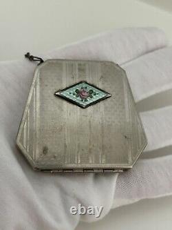 Art Deco Purse Silver Porcelain Mirror Card Case Coin Holder Compact READ