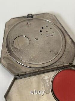 Art Deco Purse Silver Porcelain Mirror Card Case Coin Holder Compact READ