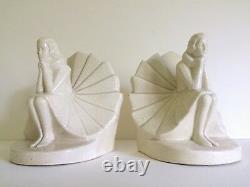 Art Deco Rare Figural Seated Woman German Craquelure Porcelain Bookends A Pair