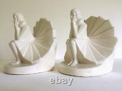 Art Deco Rare Figural Seated Woman German Craquelure Porcelain Bookends A Pair