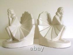 Art Deco Rare Figural Seated Woman German Craquelure Porcelain Bookends A Pair