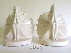 Art Deco Rare Figural Seated Woman German Craquelure Porcelain Bookends A Pair