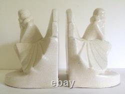 Art Deco Rare Figural Seated Woman German Craquelure Porcelain Bookends A Pair