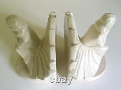 Art Deco Rare Figural Seated Woman German Craquelure Porcelain Bookends A Pair