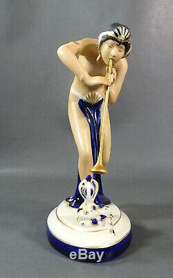 Art Deco Royal Dux Porcelain Figure Figurine Snake Charmer Nude Dancer Girl Horn