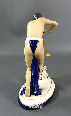Art Deco Royal Dux Porcelain Figure Figurine Snake Charmer Nude Dancer Girl Horn