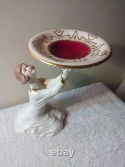 Art Deco Royal Dux Porcelain Figurine Young Lady Arms Up Holding Plate MUST SEE