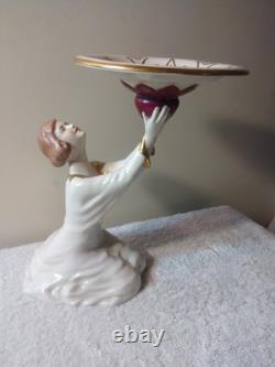 Art Deco Royal Dux Porcelain Figurine Young Lady Arms Up Holding Plate MUST SEE