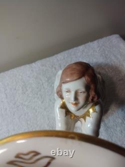 Art Deco Royal Dux Porcelain Figurine Young Lady Arms Up Holding Plate MUST SEE