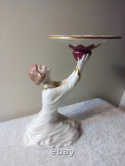 Art Deco Royal Dux Porcelain Figurine Young Lady Arms Up Holding Plate MUST SEE
