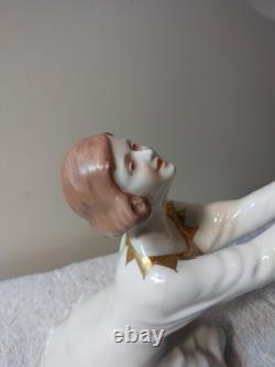 Art Deco Royal Dux Porcelain Figurine Young Lady Arms Up Holding Plate MUST SEE