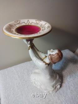 Art Deco Royal Dux Porcelain Figurine Young Lady Arms Up Holding Plate MUST SEE