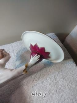 Art Deco Royal Dux Porcelain Figurine Young Lady Arms Up Holding Plate MUST SEE
