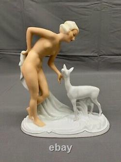 Art Deco Schaubach Kunst NUDE with FAWN Deer Porcelain 1930's Figurine Mint