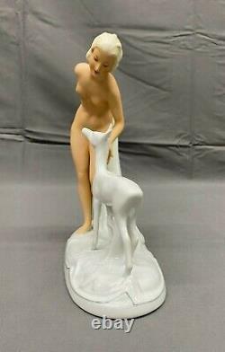 Art Deco Schaubach Kunst NUDE with FAWN Deer Porcelain 1930's Figurine Mint