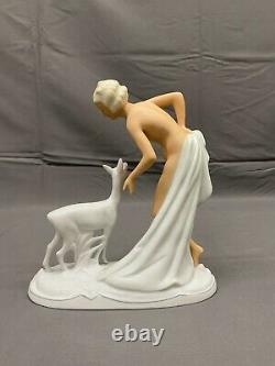 Art Deco Schaubach Kunst NUDE with FAWN Deer Porcelain 1930's Figurine Mint