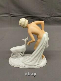 Art Deco Schaubach Kunst NUDE with FAWN Deer Porcelain 1930's Figurine Mint