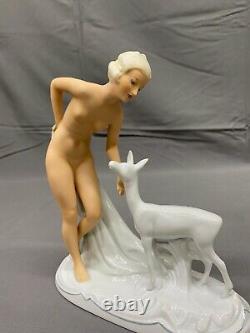 Art Deco Schaubach Kunst NUDE with FAWN Deer Porcelain 1930's Figurine Mint