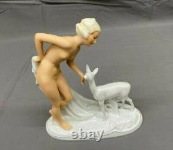 Art Deco Schaubach Kunst NUDE with FAWN Deer Porcelain 1930's Figurine Mint