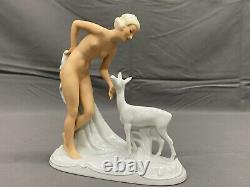 Art Deco Schaubach Kunst NUDE with FAWN Deer Porcelain 1930's Figurine Mint