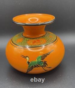 Art Deco Shelley England Orange China Vase W Crane Birds Asian Motif 3.25 Tall