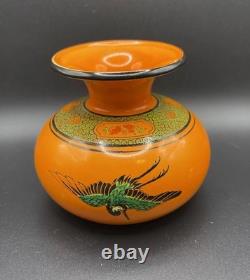 Art Deco Shelley England Orange China Vase W Crane Birds Asian Motif 3.25 Tall