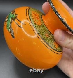Art Deco Shelley England Orange China Vase W Crane Birds Asian Motif 3.25 Tall