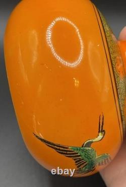 Art Deco Shelley England Orange China Vase W Crane Birds Asian Motif 3.25 Tall
