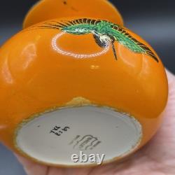 Art Deco Shelley England Orange China Vase W Crane Birds Asian Motif 3.25 Tall