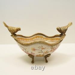 Art Deco Style Bowl Centerpiece Bird Basket Art Nouveau Style Porcelain Bronze