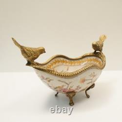 Art Deco Style Bowl Centerpiece Bird Basket Art Nouveau Style Porcelain Bronze
