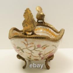 Art Deco Style Bowl Centerpiece Bird Basket Art Nouveau Style Porcelain Bronze
