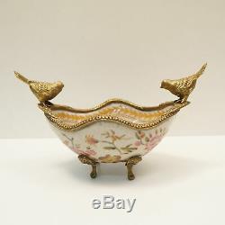Art Deco Style Bowl Centerpiece Bird Basket Art Nouveau Style Porcelain Bronze