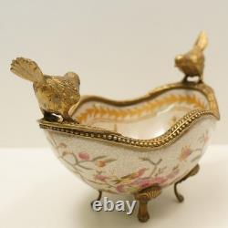 Art Deco Style Bowl Centerpiece Bird Basket Art Nouveau Style Porcelain Bronze