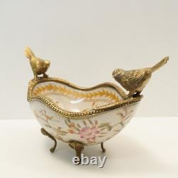 Art Deco Style Bowl Centerpiece Bird Basket Art Nouveau Style Porcelain Bronze