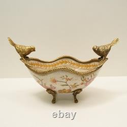 Art Deco Style Bowl Centerpiece Bird Basket Art Nouveau Style Porcelain Bronze