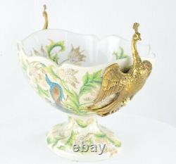 Art Deco Style Bowl Centerpiece Bird Peacock Art Nouveau Style Porcelain Bronze