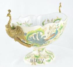 Art Deco Style Bowl Centerpiece Bird Peacock Art Nouveau Style Porcelain Bronze