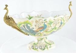 Art Deco Style Bowl Centerpiece Bird Peacock Art Nouveau Style Porcelain Bronze