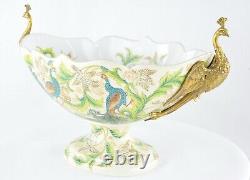 Art Deco Style Bowl Centerpiece Bird Peacock Art Nouveau Style Porcelain Bronze