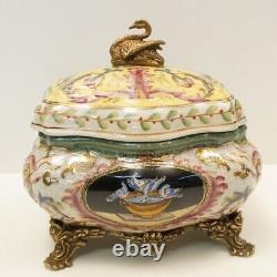 Art Deco Style Box Jewelry Swan Bird Art Nouveau Style Porcelain Bronze Ceramic