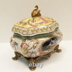 Art Deco Style Box Jewelry Swan Bird Art Nouveau Style Porcelain Bronze Ceramic