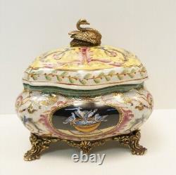 Art Deco Style Box Jewelry Swan Bird Art Nouveau Style Porcelain Bronze Ceramic