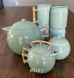 Art Deco Tea Set Green Bamboo Handles Globe Vintage Mint Pale Japanese Porcelain