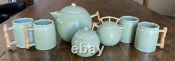 Art Deco Tea Set Green Bamboo Handles Globe Vintage Mint Pale Japanese Porcelain