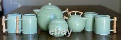 Art Deco Tea Set Green Bamboo Handles Globe Vintage Mint Pale Japanese Porcelain