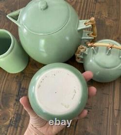 Art Deco Tea Set Green Bamboo Handles Globe Vintage Mint Pale Japanese Porcelain