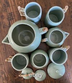 Art Deco Tea Set Green Bamboo Handles Globe Vintage Mint Pale Japanese Porcelain