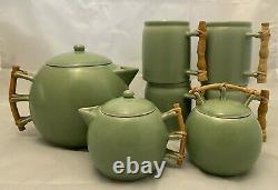 Art Deco Tea Set Green Bamboo Handles Globe Vintage Mint Pale Japanese Porcelain