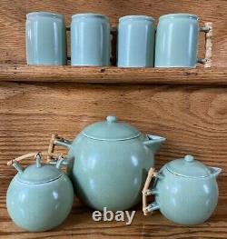 Art Deco Tea Set Green Bamboo Handles Globe Vintage Mint Pale Japanese Porcelain